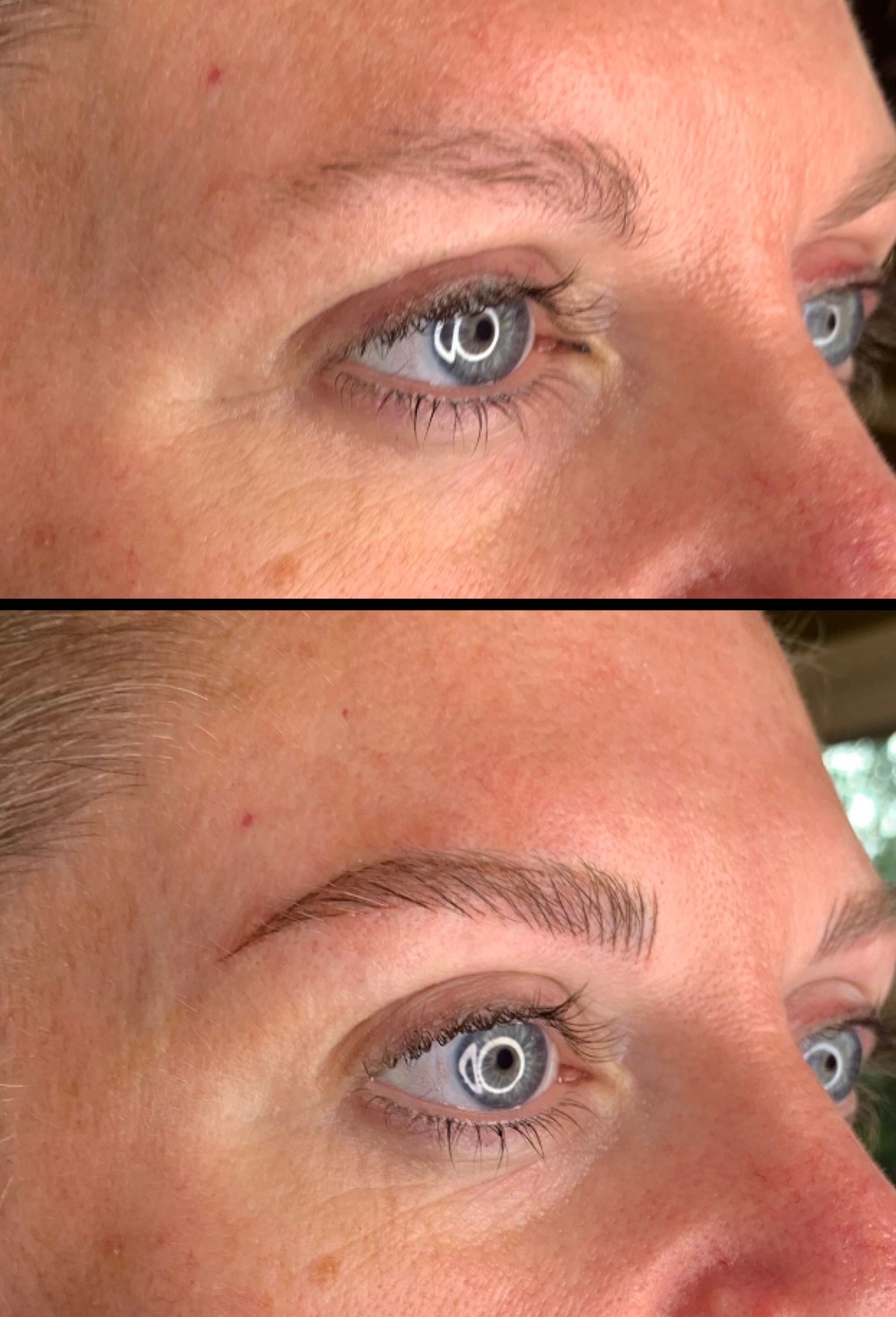 A before and after picture of a woman 's eyebrows.