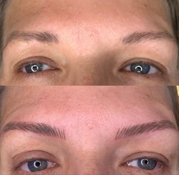 A before and after picture of a woman 's eyebrows.