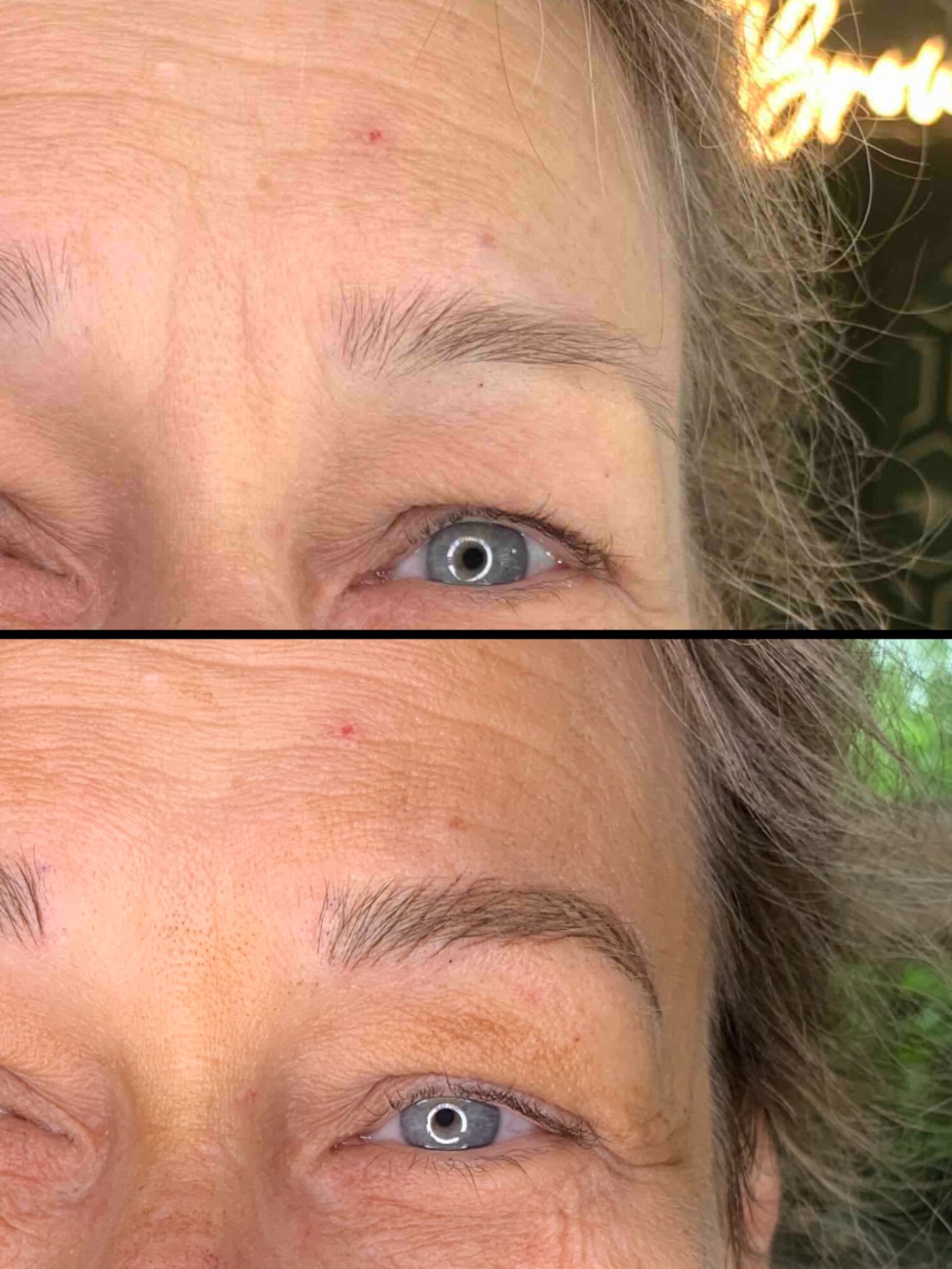 A before and after picture of a woman 's eyebrows.