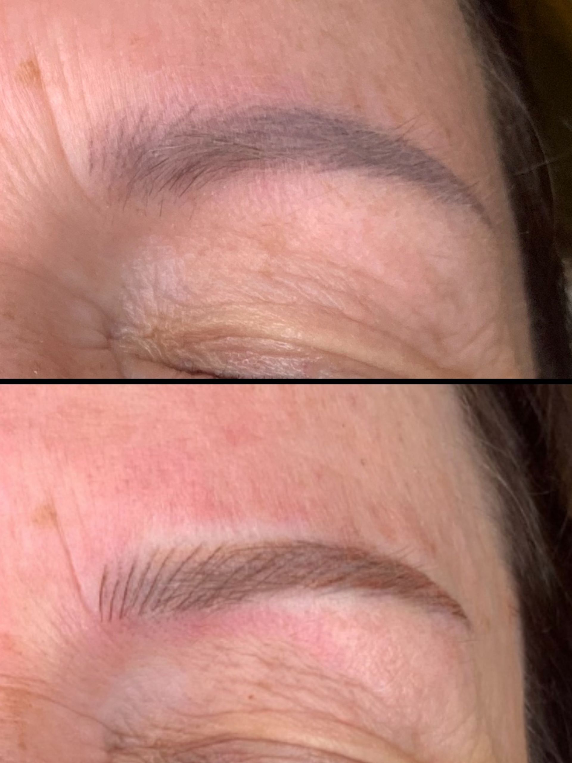 A before and after picture of a woman 's eyebrows.
