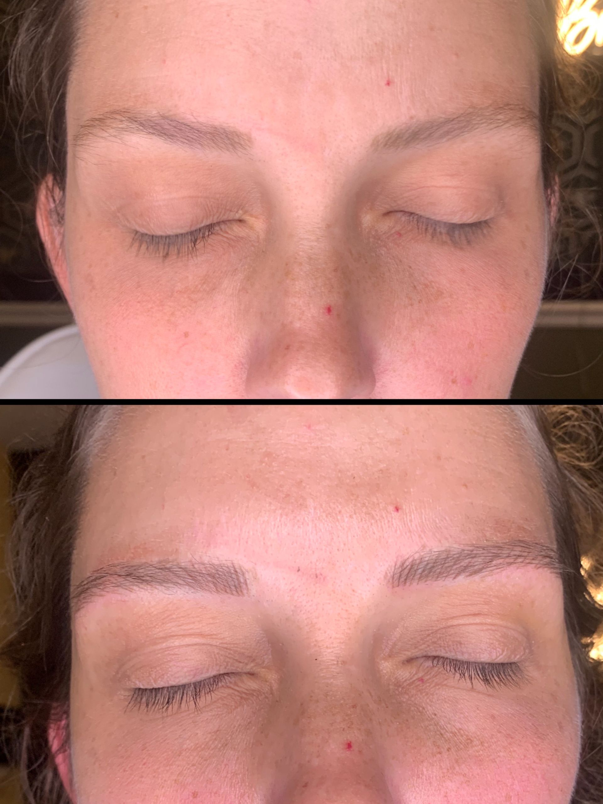 A before and after picture of a woman 's eyebrows.
