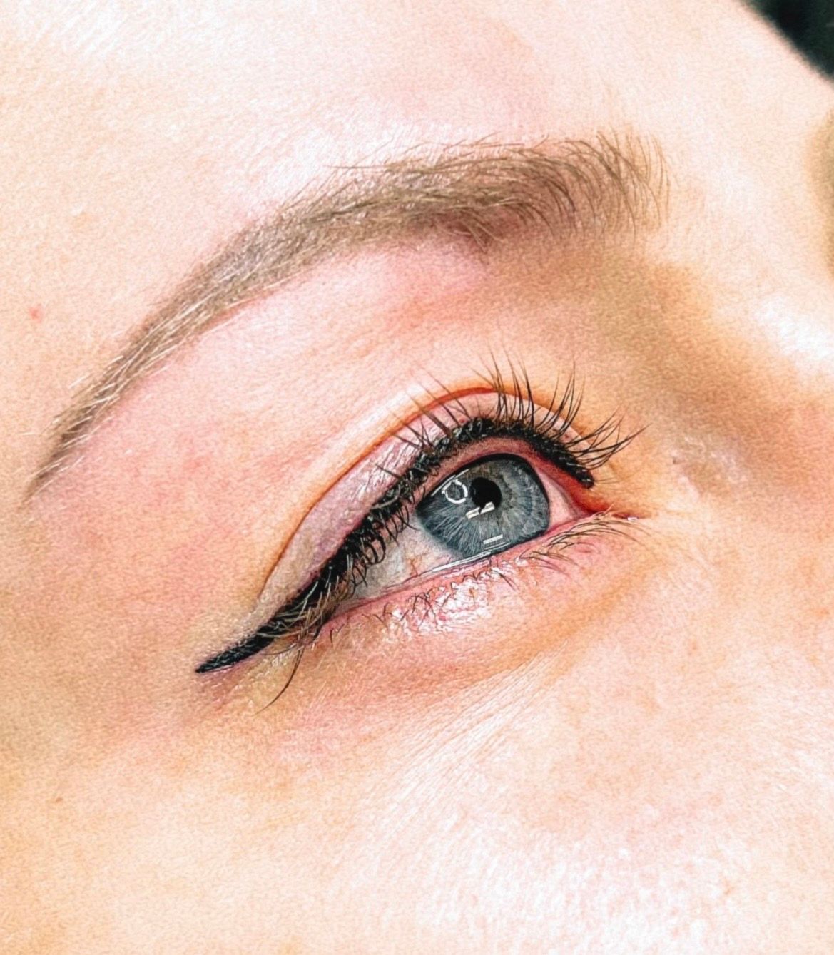 Close-up of a blue eye with black eyeliner and a filled eyebrow. The skin is pale.
