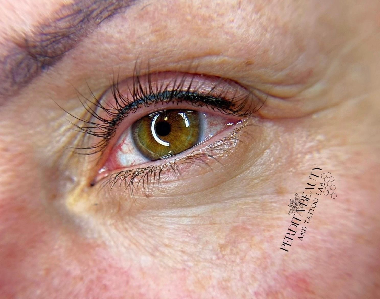 Close-up of a brown eye with long lashes and visible wrinkles on pale skin
