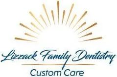 Logo for Lizzack Family Dentistry with gold sunburst over script text; "Lizzack Family Dentistry" above "Custom Care".