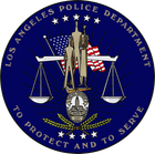 Los Angeles Police Department seal: blue circle with figures, American flag, scales of justice, and text.