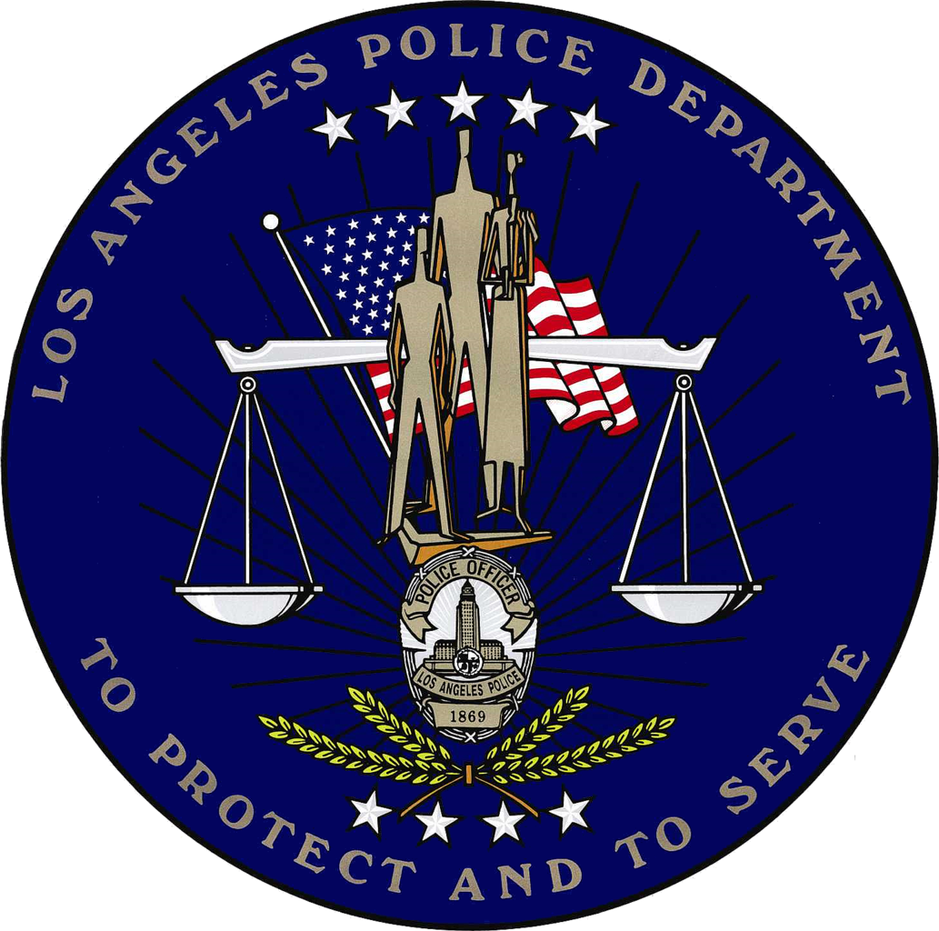 Los Angeles Police Department seal: blue circle with figures, American flag, scales of justice, and text.