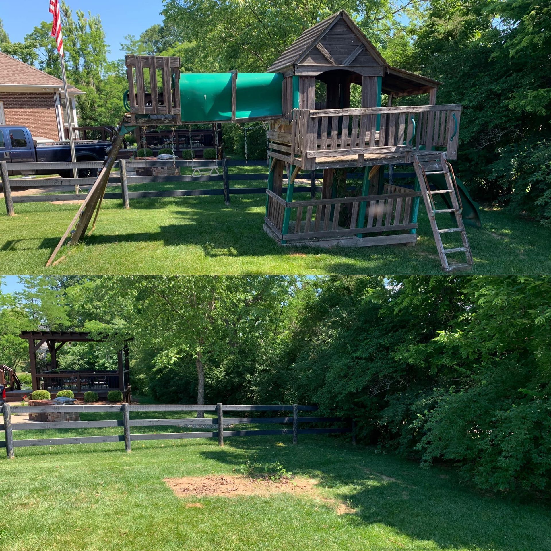Wooden playset in backyard with green lawn, fencing, and trees.