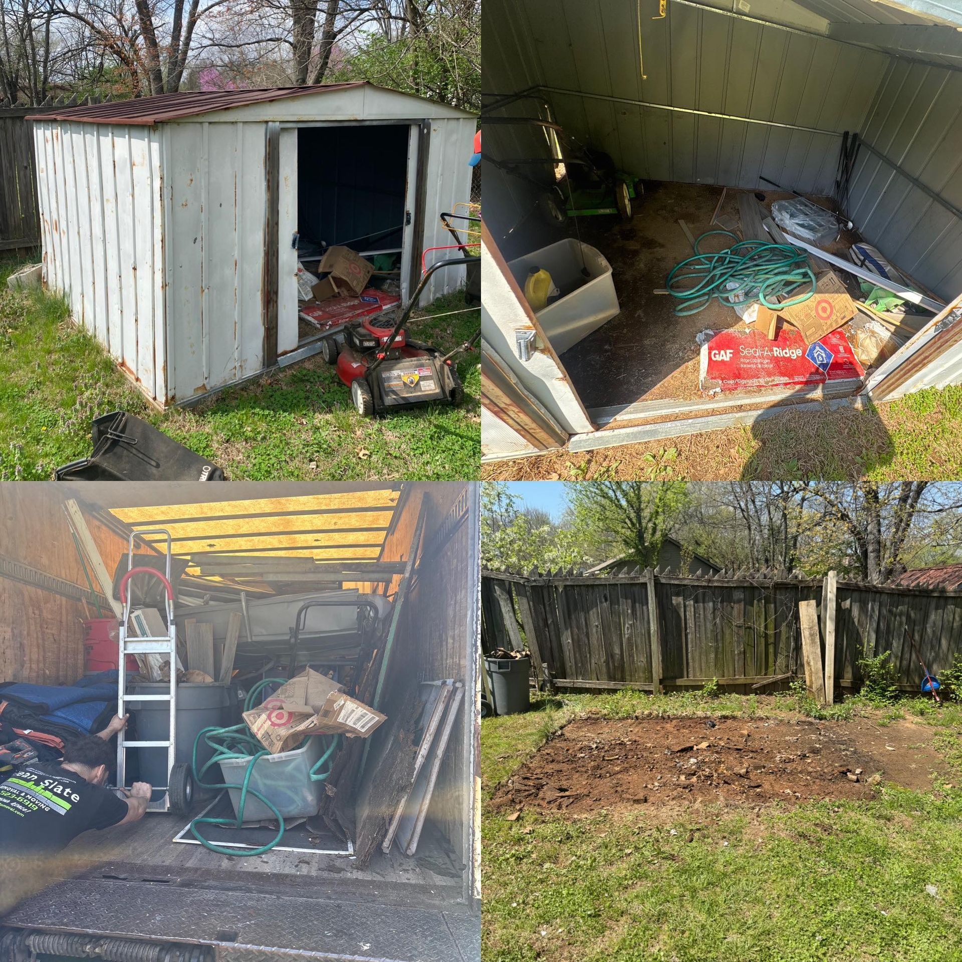 Four photos: a white shed with open door, inside of the messy shed, a filled truck, and an empty garden plot.
