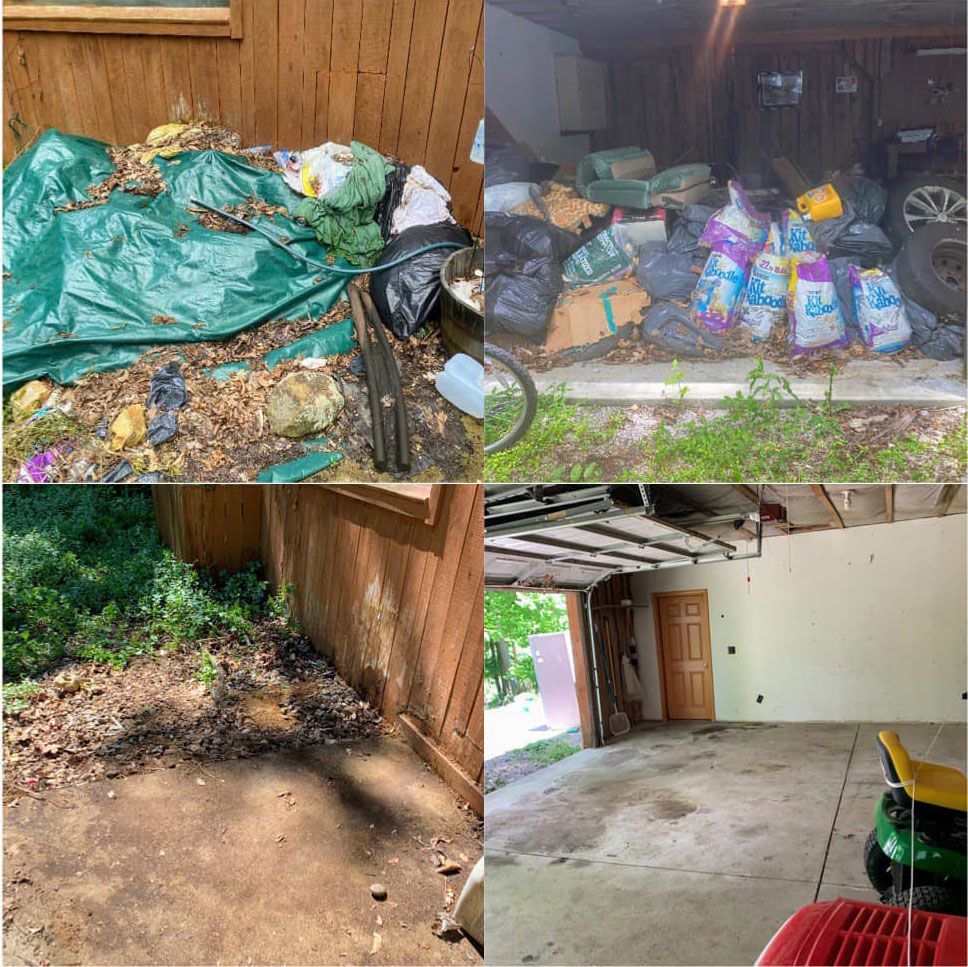 Four-panel image: cluttered outdoor area, garage filled with trash, cleaned outdoor area, and cleaned garage.