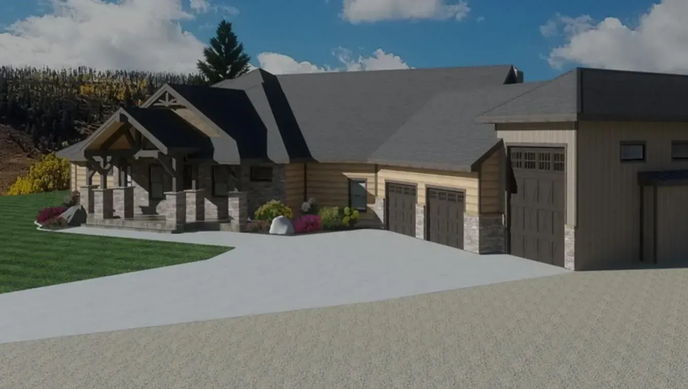 Exterior view of a house with a stone porch, attached garage, and gray asphalt roof. Green lawn in front.