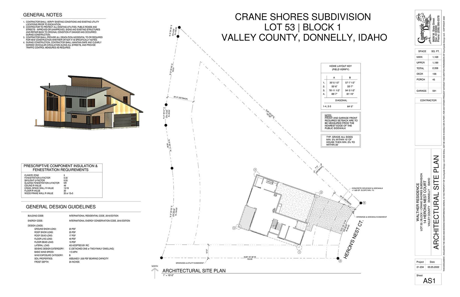 Architectural drawing: plan of a lot in Donnelly, Idaho, with a house rendering and site layout.