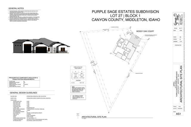 Architectural site plan for a house in Purple Sage Estates Subdivision, Middleton, Idaho, featuring a house rendering and lot layout.