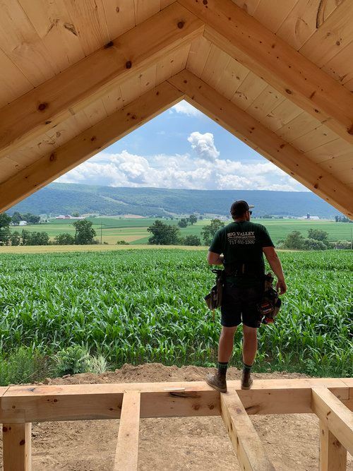 A man is standing in a wooden structure looking out over a field.