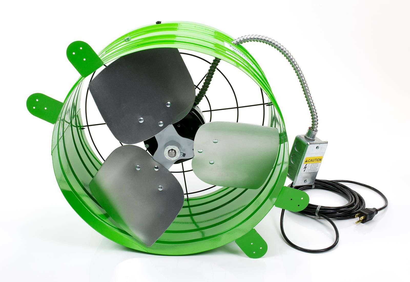 Green industrial floor fan with three metal blades, protective cage, and attached power cord