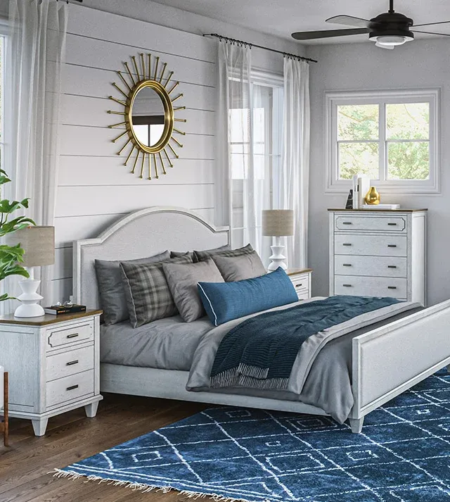 Blue and white bedroom