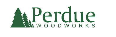 Logo for Perdue Woodworks with three dark green pine trees next to the text in dark green.
