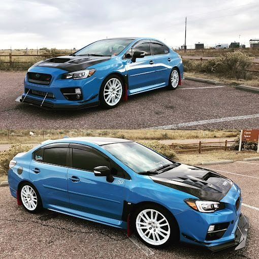 Blue modified sports sedan with white wheels parked on a roadside, shown from front and side angles