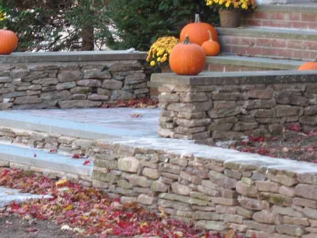 A stone wall with pumpkins and flowers on it