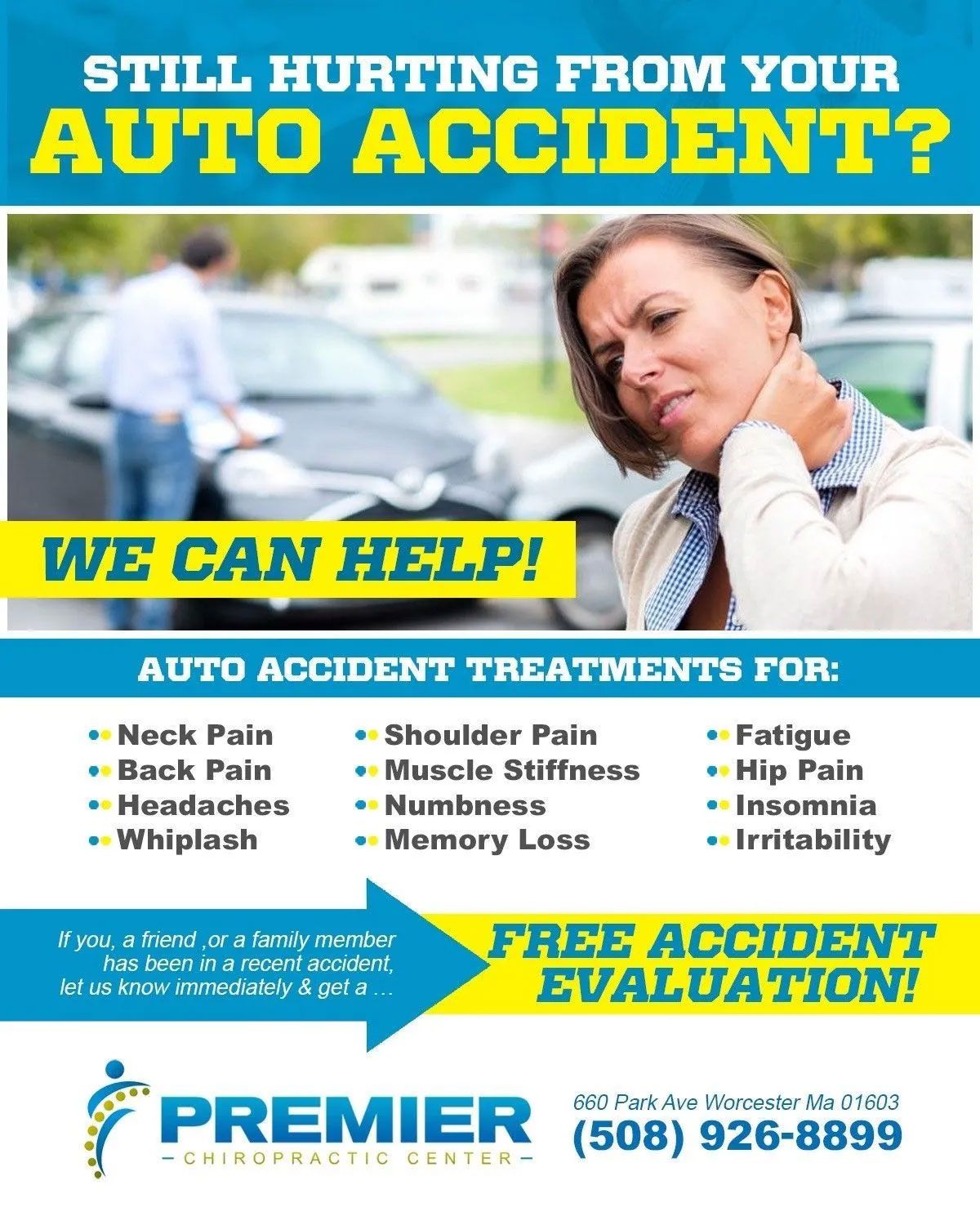 Auto accident clinic ad with woman holding neck and text: “We can help!” free evaluation, Premier logo.
