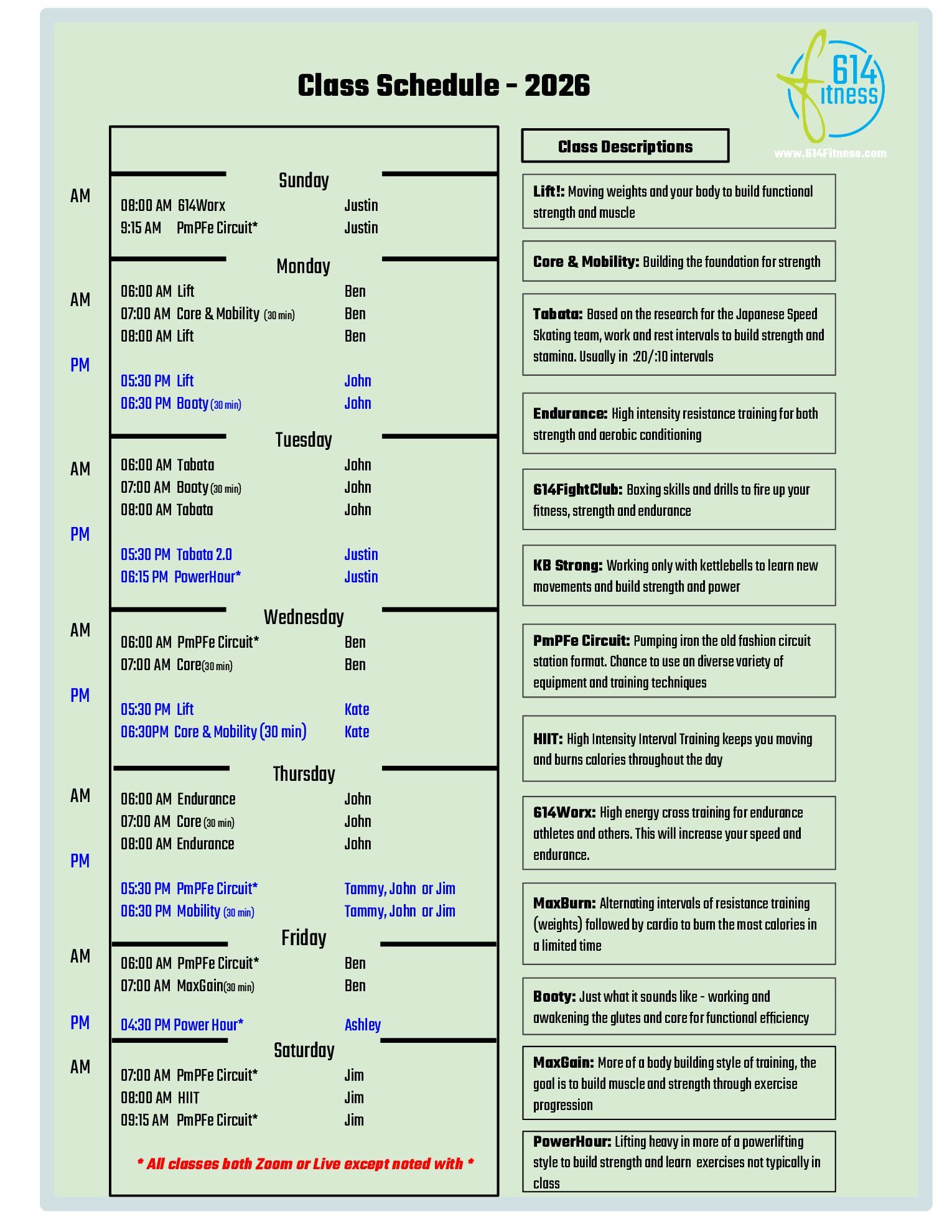 Class schedule for 2026 listing courses, times, days, and descriptions.