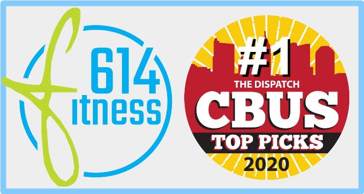 Logo for 614 Fitness, includes a blue circle with text and a circular 