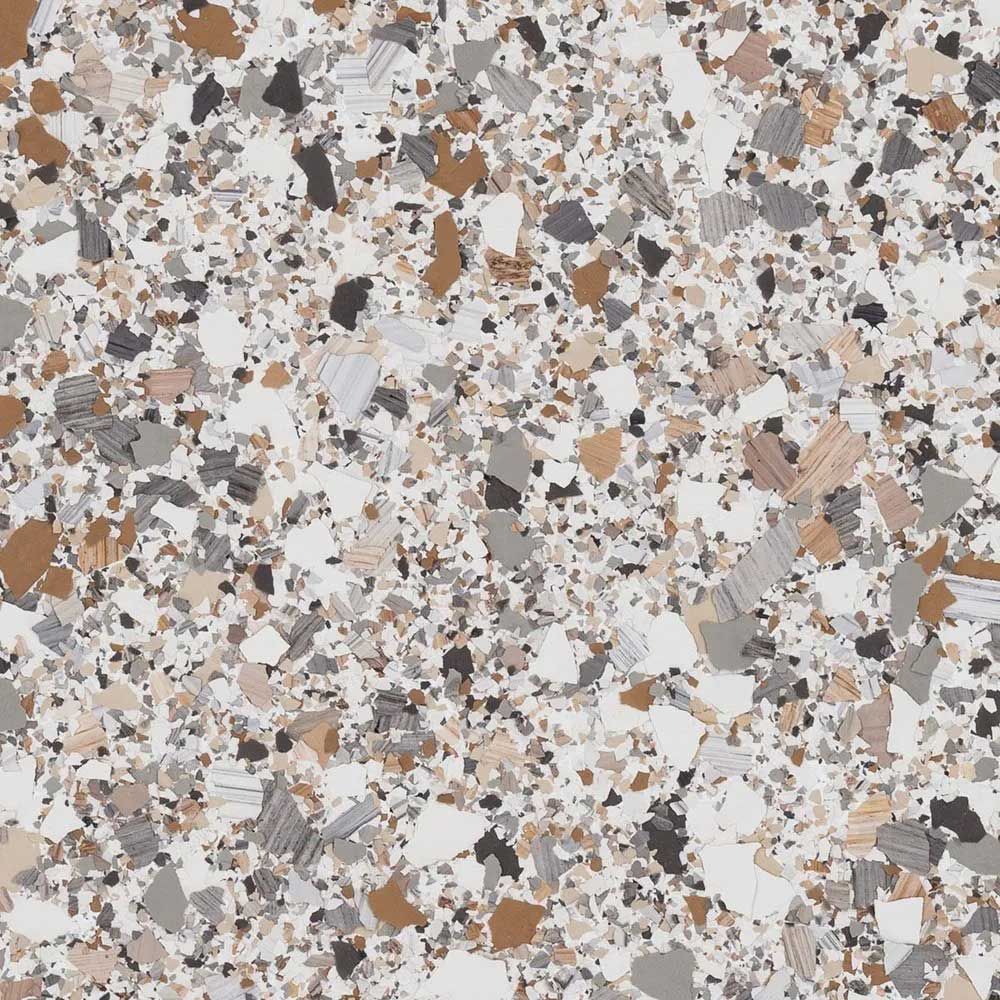 White terrazzo surface with brown, gray, and tan flecks.