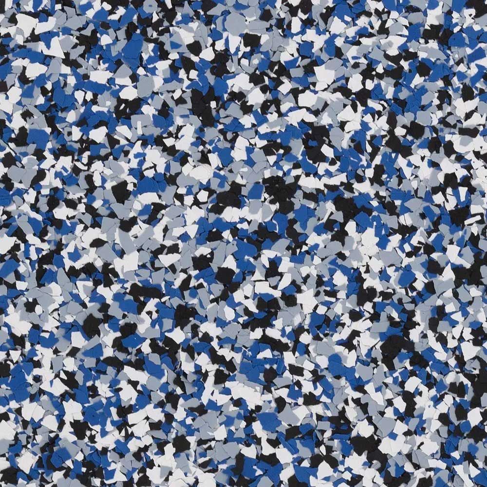 Blue, gray, black, and white speckled floor covering pattern.