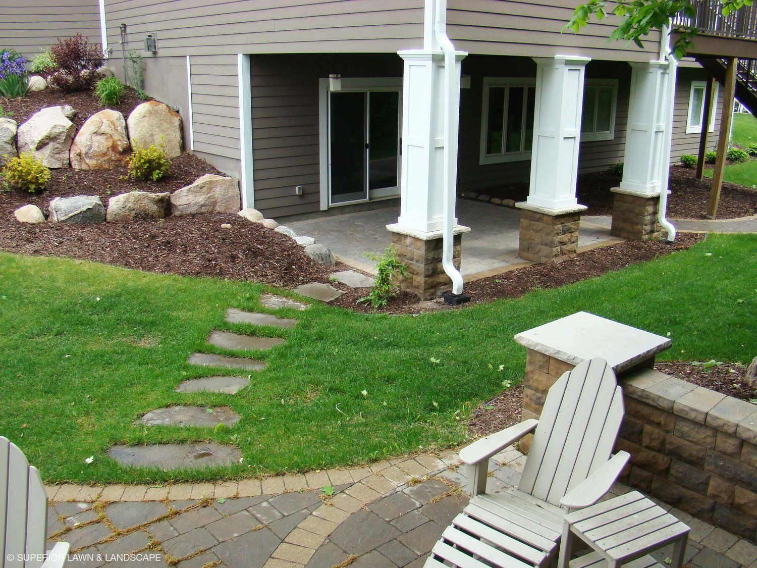 A lawn with a chair and table in front of a house