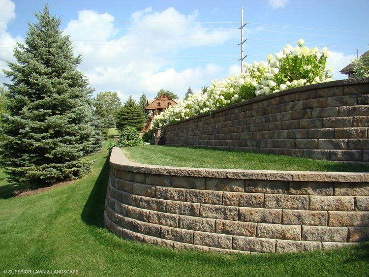 A brick wall surrounds a lush green lawn with trees in the background