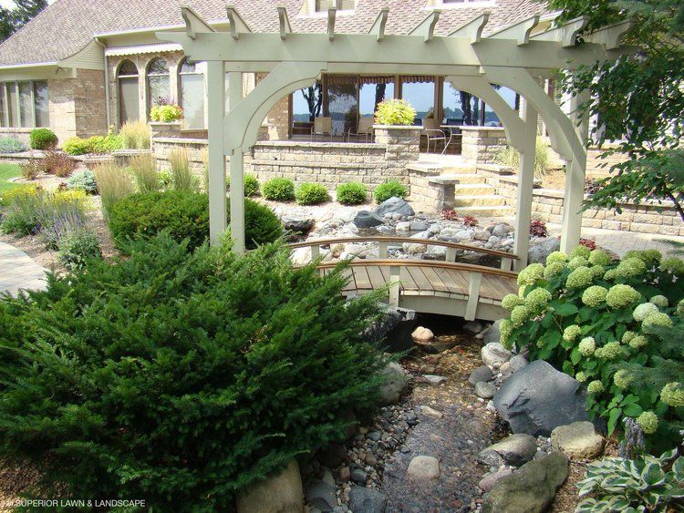 A white pergola with a wooden bridge in front of a house