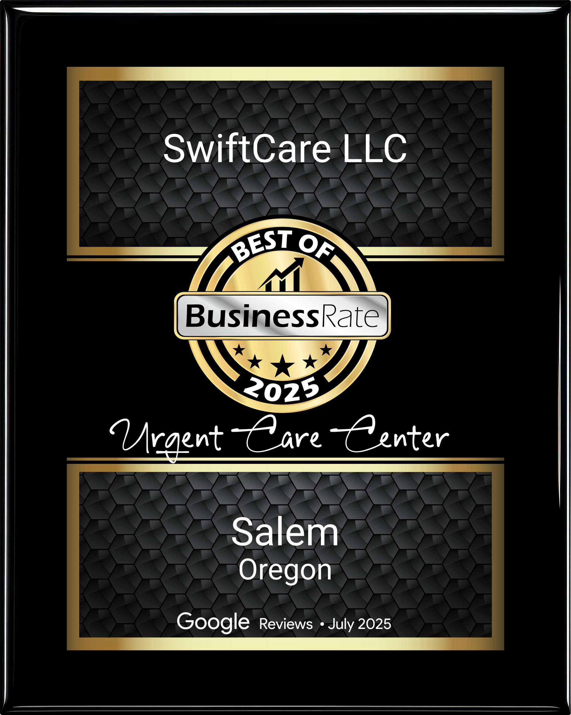 Award plaque for SwiftCare LLC in Salem, Oregon, recognized as a Best of Business for 2025 in Urgent Care.
