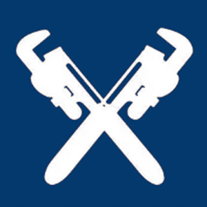 White crossed pipe wrenches on a blue background.
