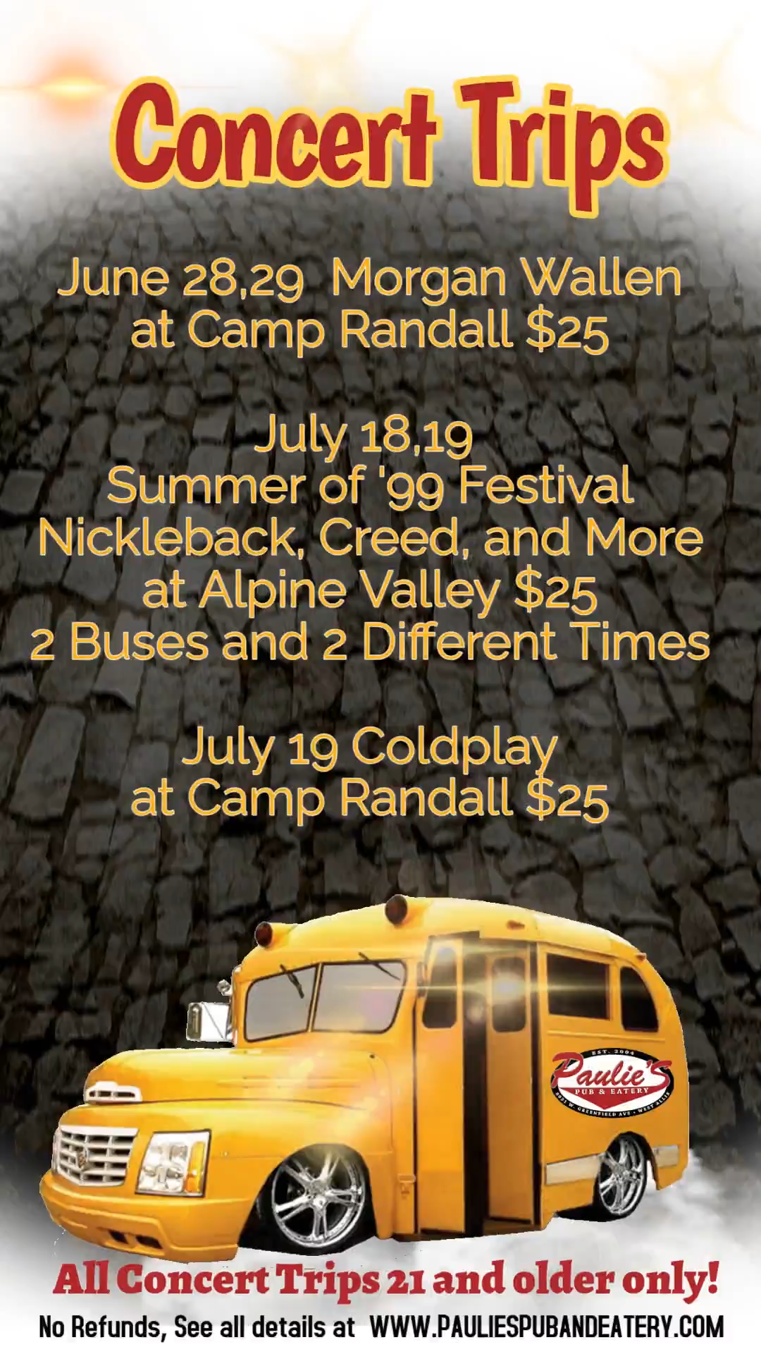A poster for concert trips with a yellow school bus on it