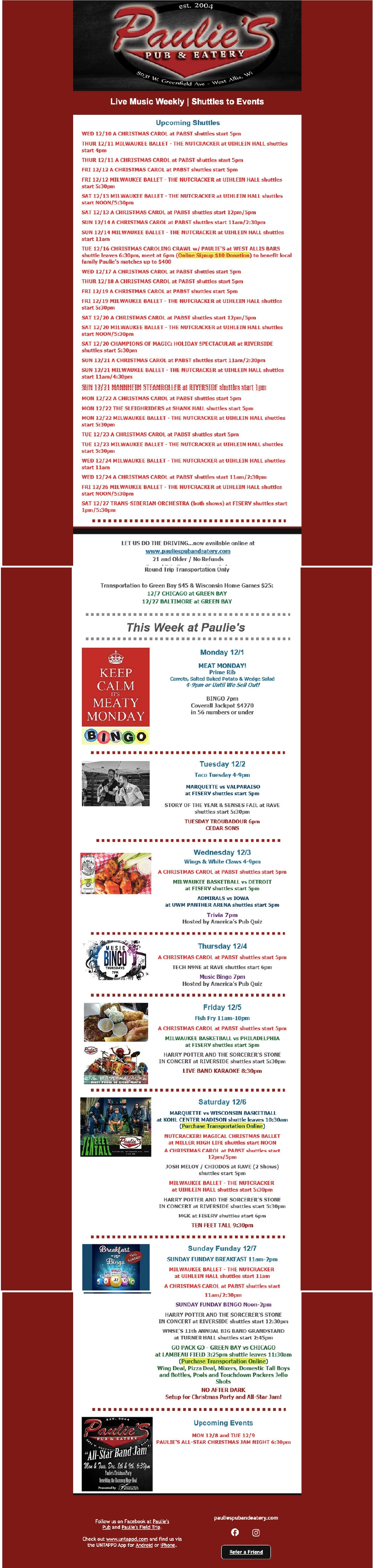 Event flyer with red background, featuring event listings, logos, and details in white text.