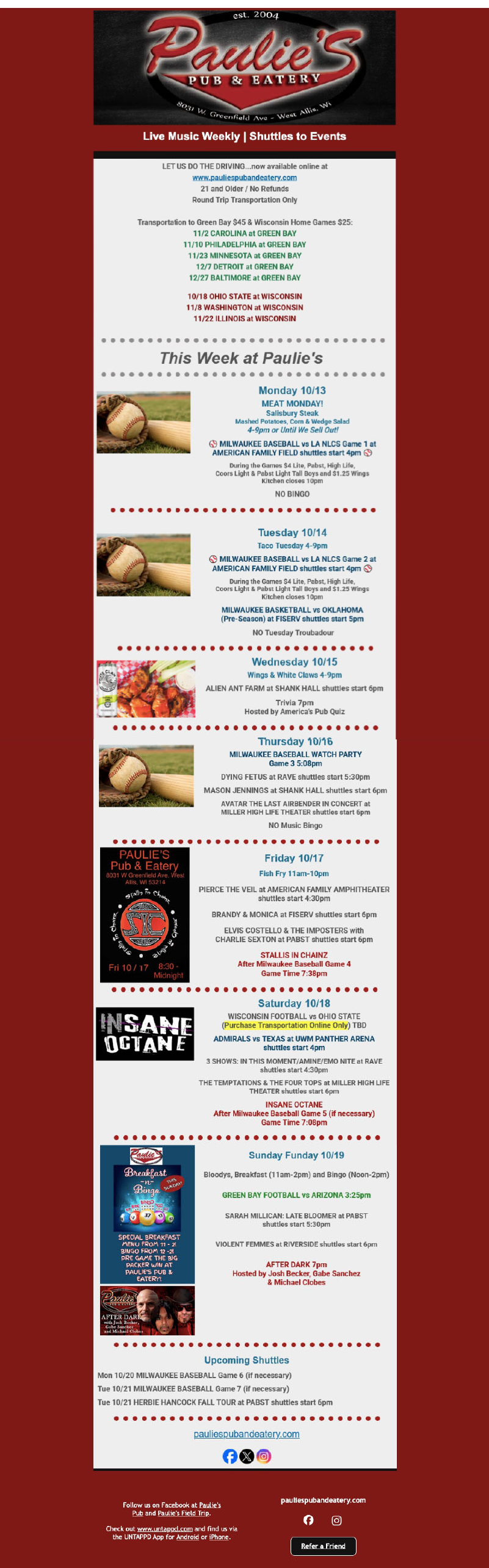 Newsletter promoting upcoming events at a theater with show dates and images.