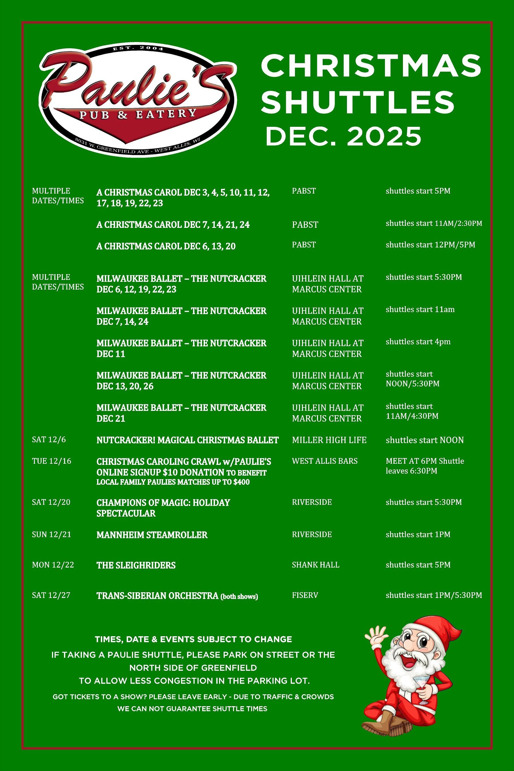Paulie's Diner Christmas shuttle schedule for December 2025, on a green background, with a Santa graphic.