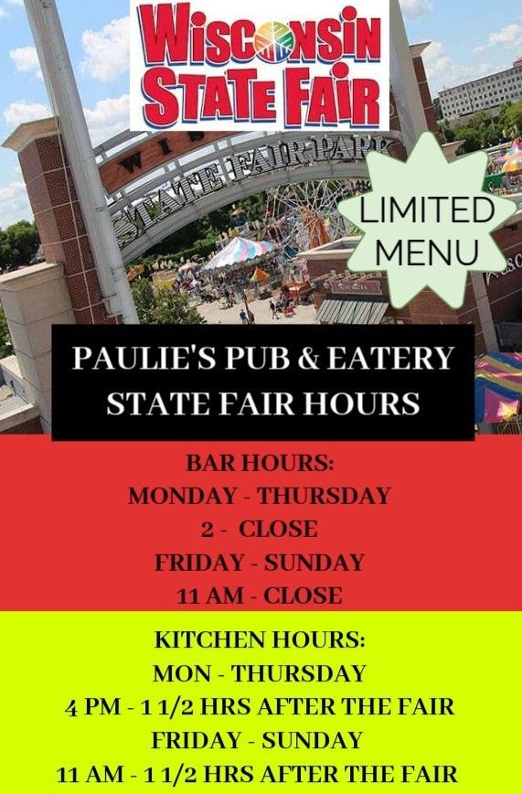 A poster for Paulie's pub and eatery states fair hours