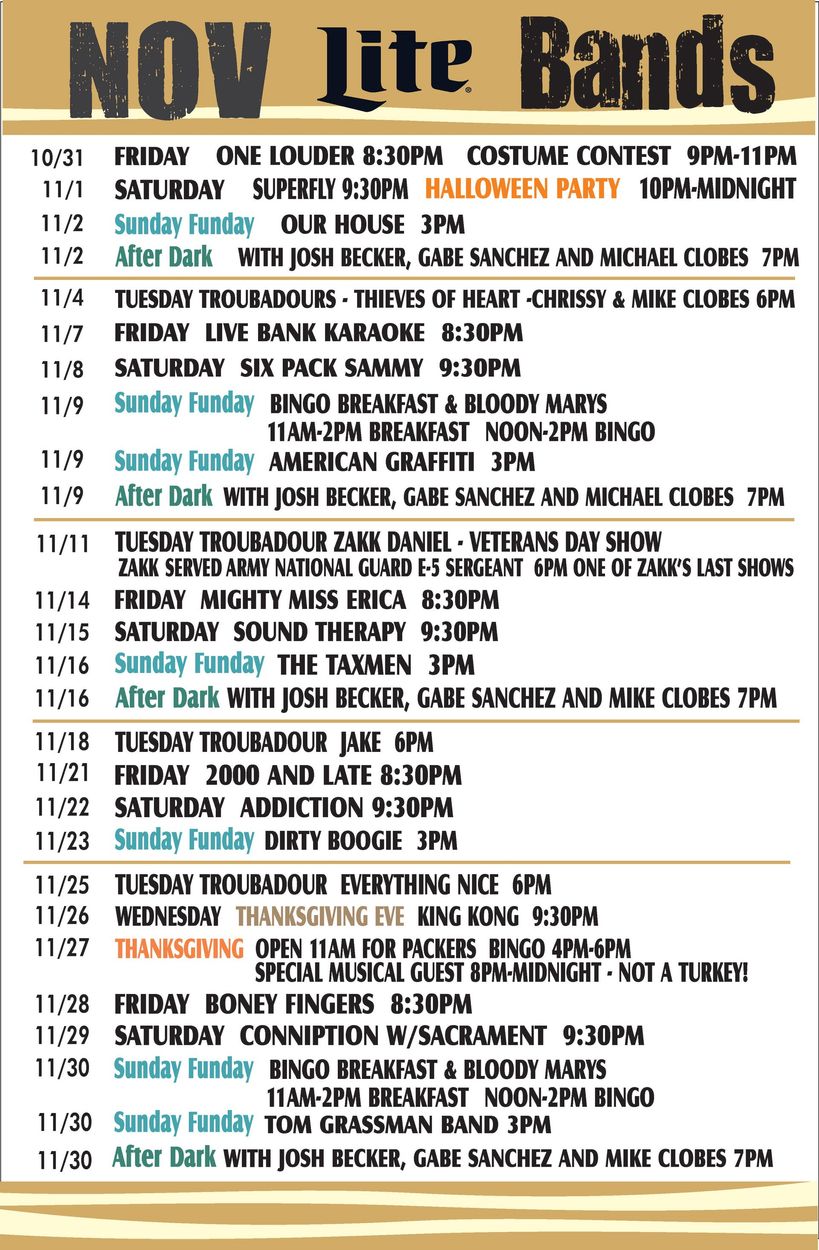 Event schedule NOV Lite Bands listing band names, dates, and times.