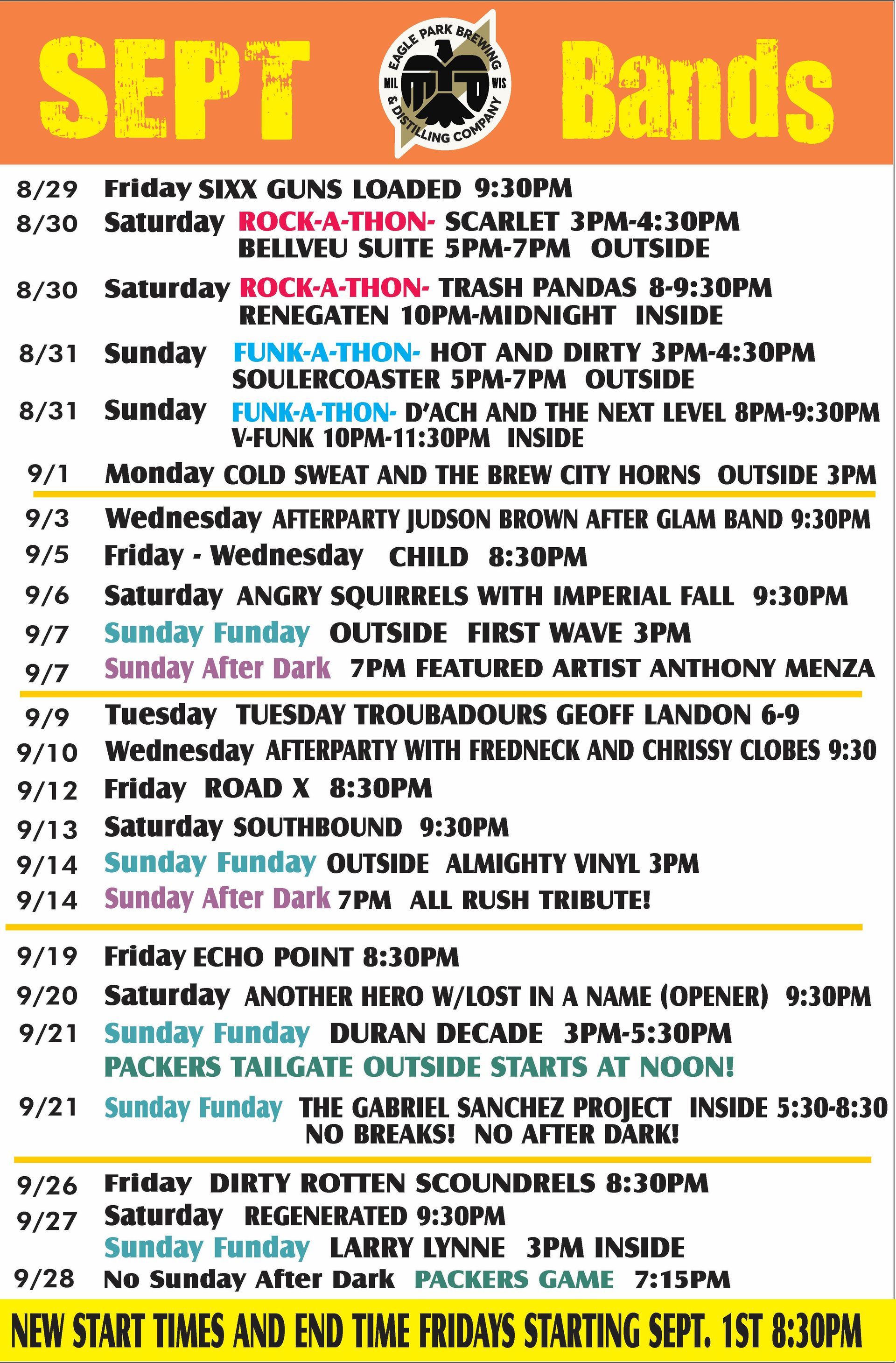 The September bands' schedule at a venue. Listing bands, dates, and times.