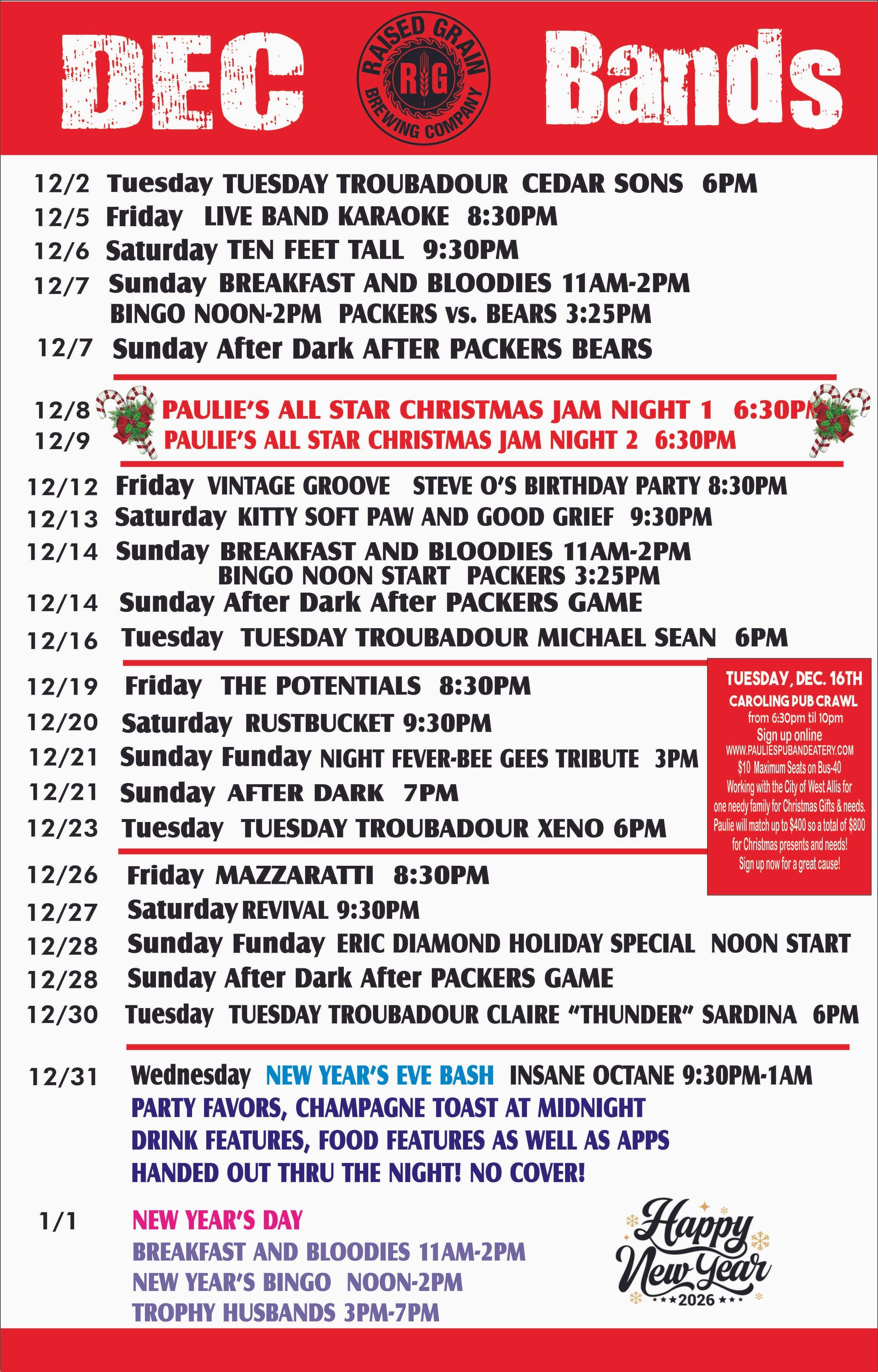Event flyer listing bands and events at DEC, including karaoke, Christmas jams, and Packers games.