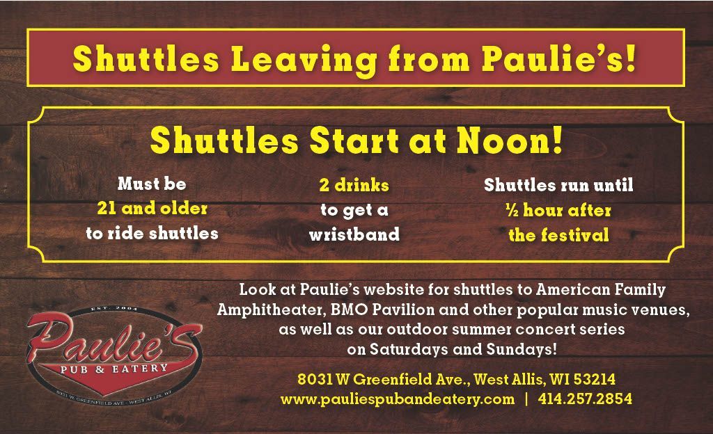 An advertisement for paulie 's says that shuttles start at noon