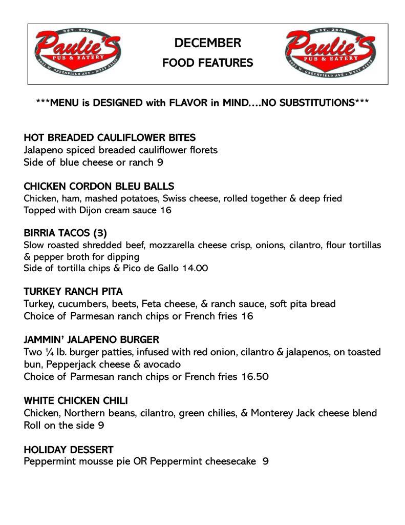 Paulie's restaurant December menu. Features include appetizers, sandwiches, and chili.