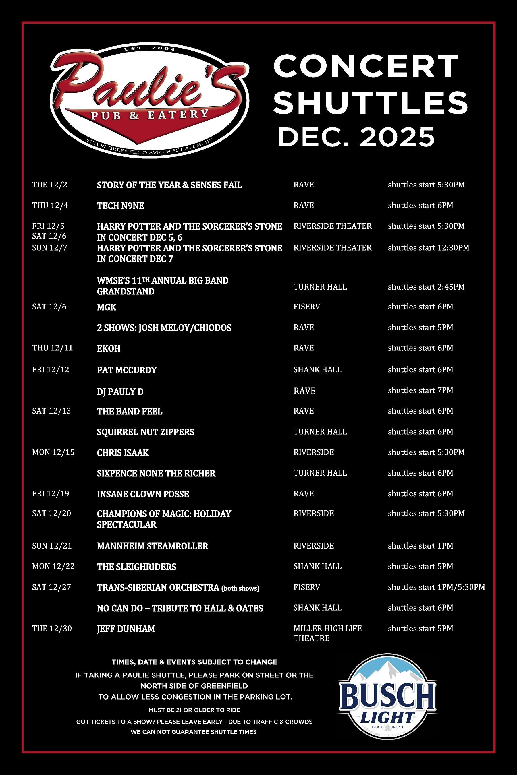 Paulie's Pub & Eatery Concert Shuttles schedule for December 2025.