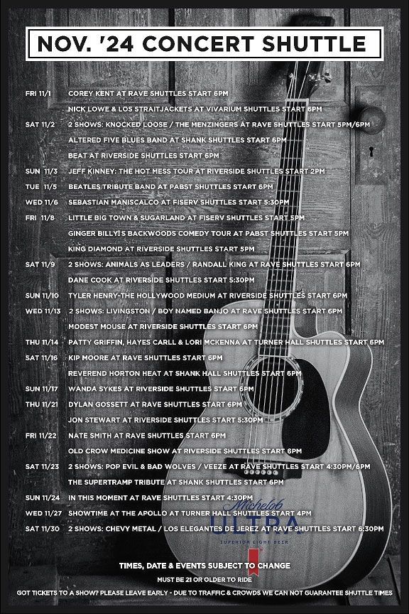 A poster for the November '24 concert shuttle with a guitar on it