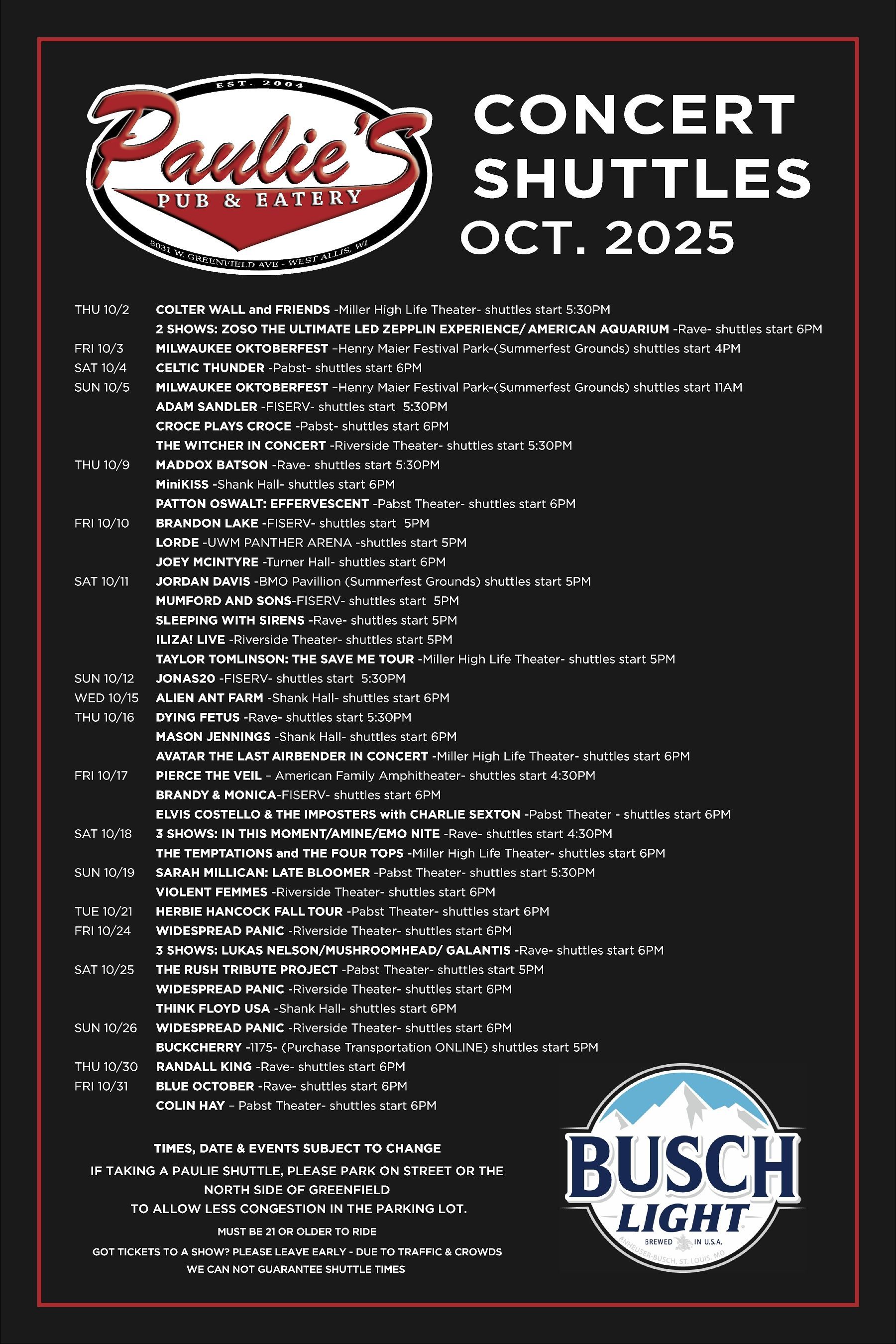 Paulie's Pub & Eatery Concert Shuttles schedule for October 2025.
