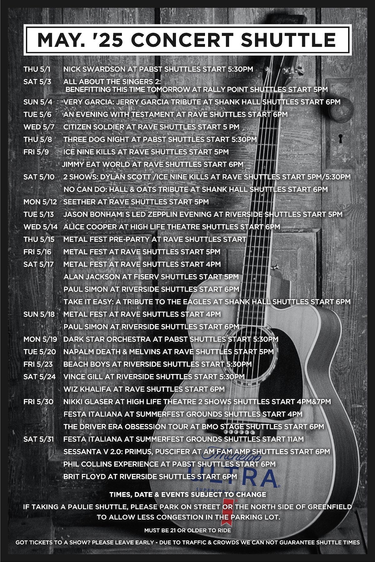 A poster for the March concert shuttle with a guitar on it.