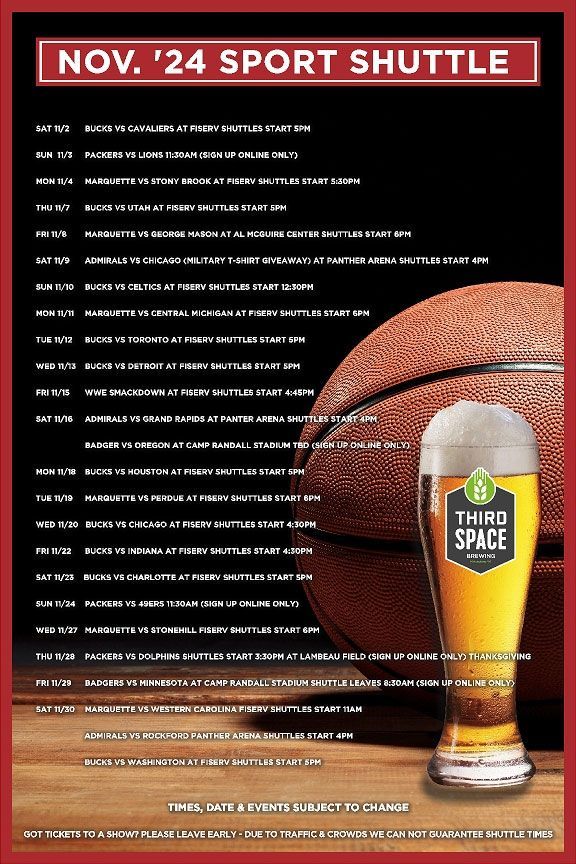 A poster for November '24 sport shuttle with a basketball and a glass of beer