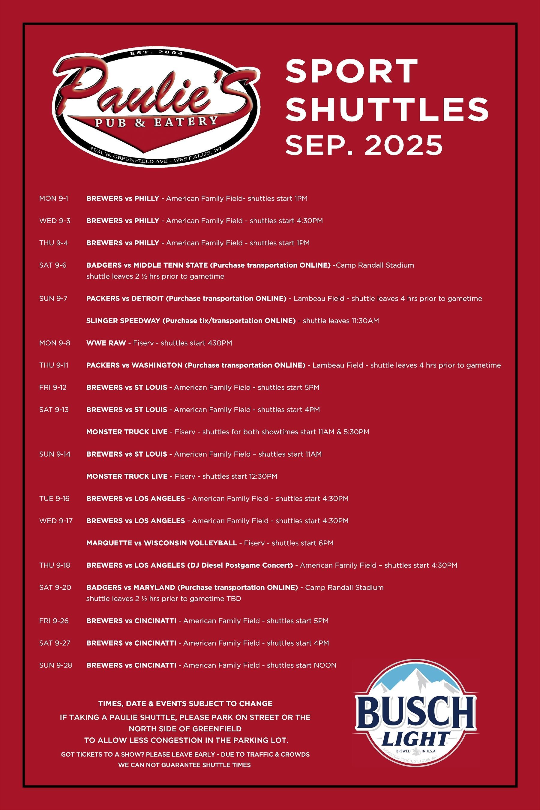 Red flyer for Paulie's Pub & Eatery Sports Shuttles in September 2025.