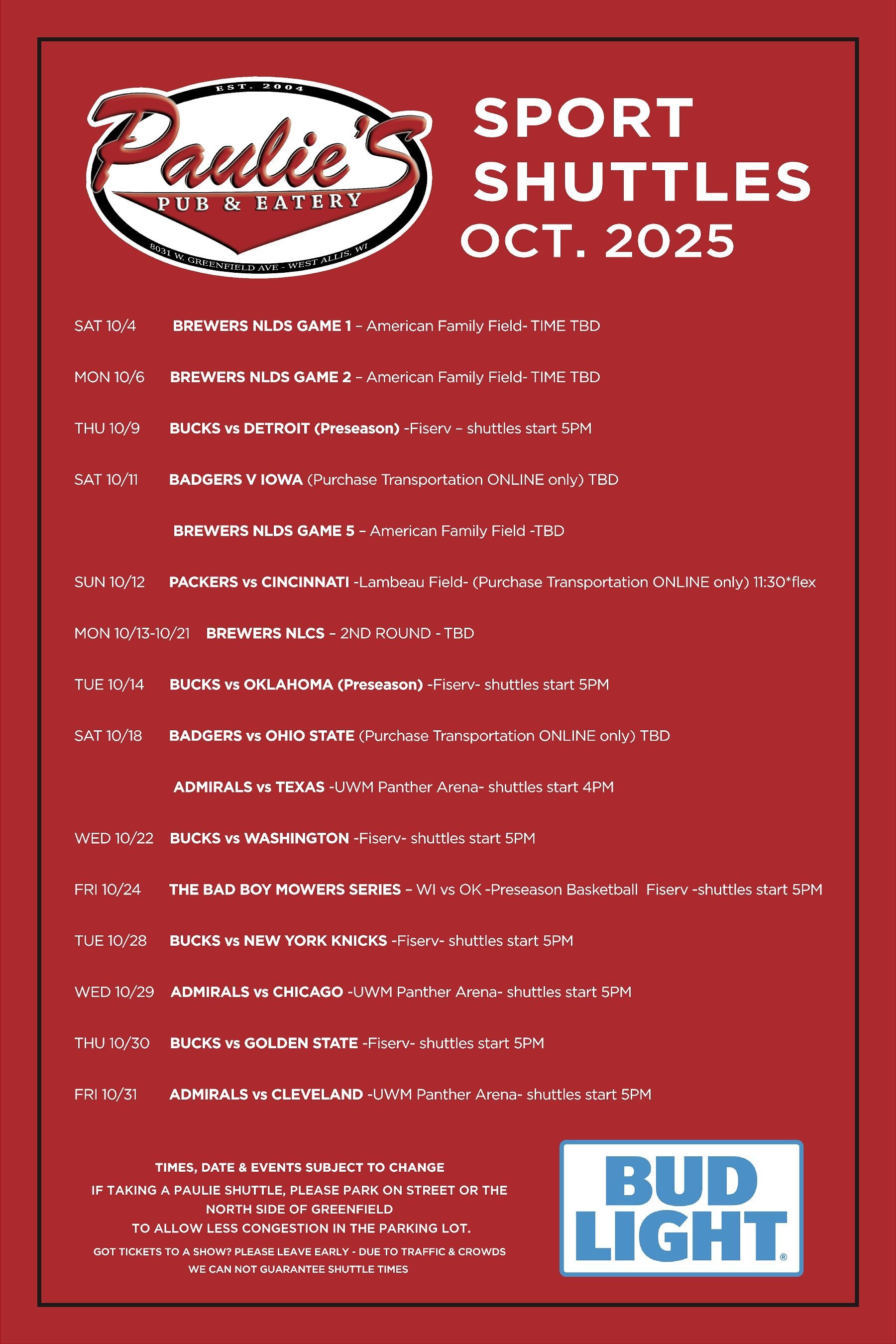 Red flyer for Paulie's Pub & Eatery Sports Shuttles in October 2025.
