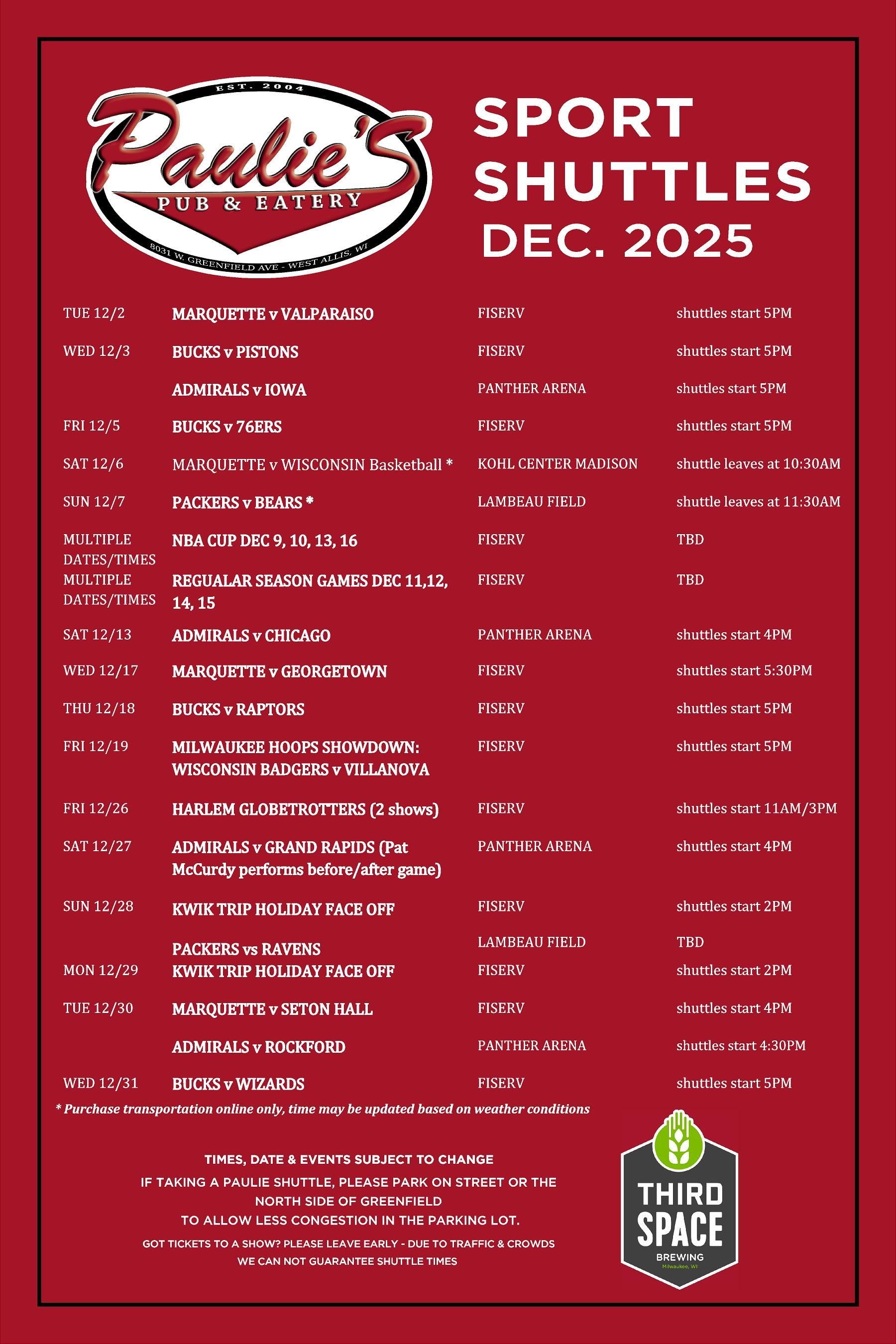 Paulie's Sport Shuttles, Dec. 2025. List sports events and the Third Space Brewing logo at the bottom.